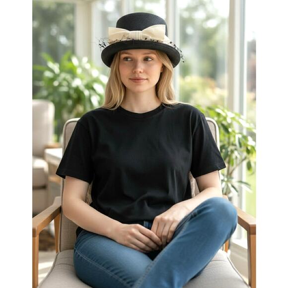 Vintage 1960s Cherry & Webb Black Straw Dress Hat Satin Cream Ribbon Netting main image 5
